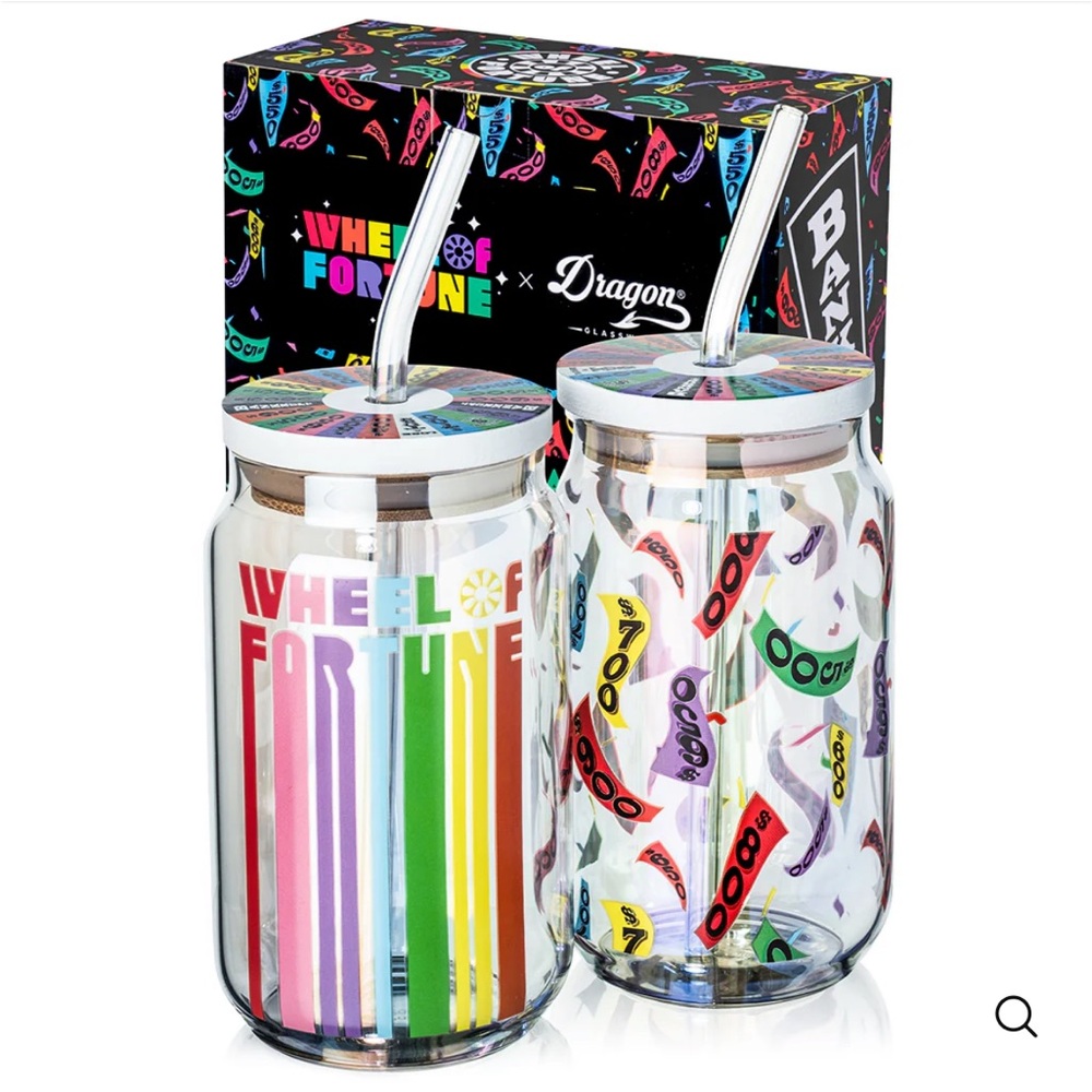 Wheel of Fortune Glass 16 oz Tumblers Set of 2 by Dragon Glassware MSRP $30 NWT